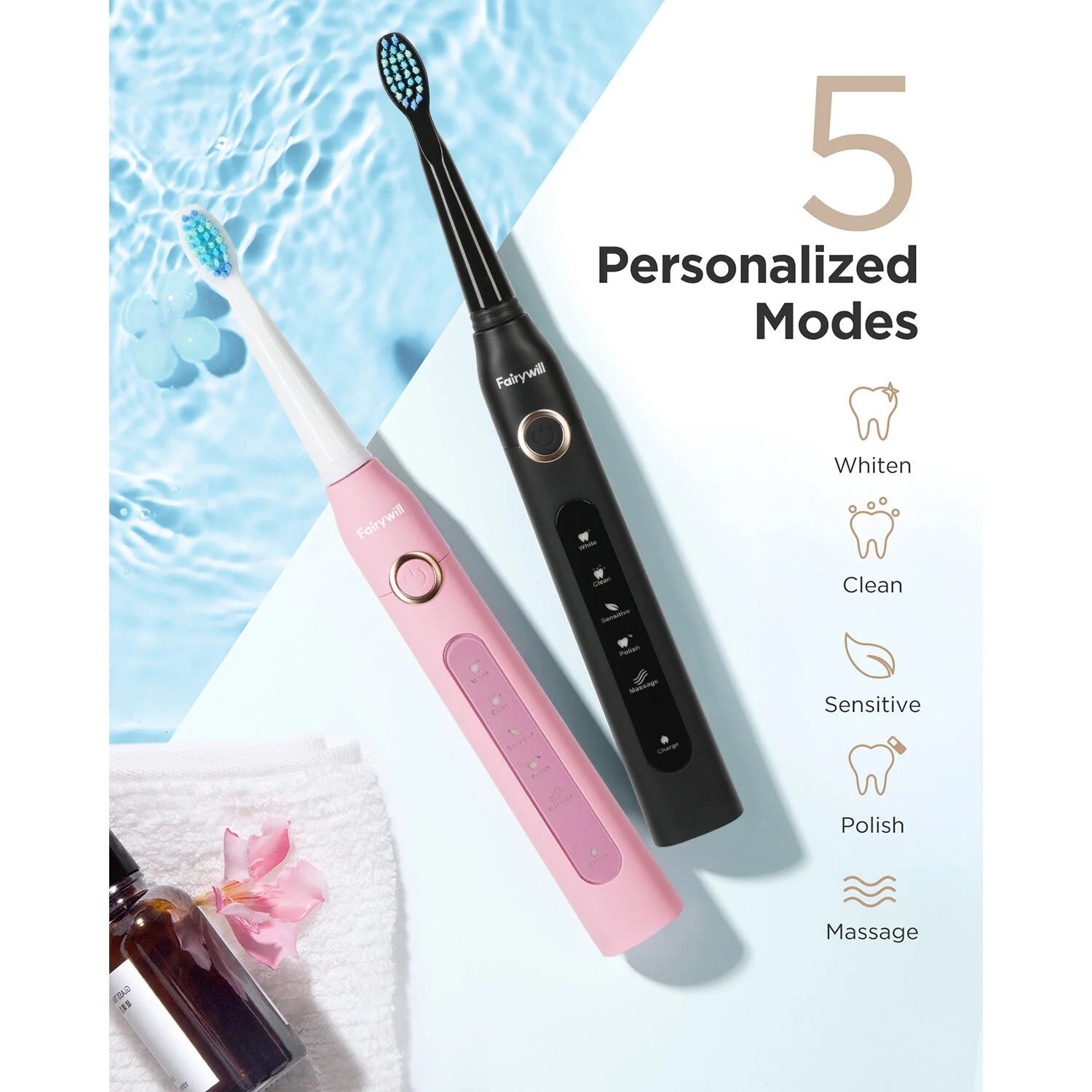 2Packs Electric Toothbrush for Adult,Sonic Toothbrushs Set with 2 Travel Case 5 Modes 8 Replaceable Heads 2 Minutes Smart Timer IPX7 Waterproof,Black & Pink