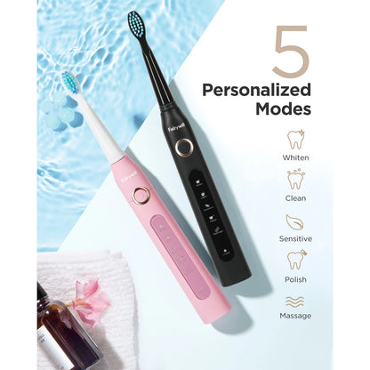 2Packs Electric Toothbrush for Adult,Sonic Toothbrushs Set with 2 Travel Case 5 Modes 8 Replaceable Heads 2 Minutes Smart Timer IPX7 Waterproof,Black & Pink