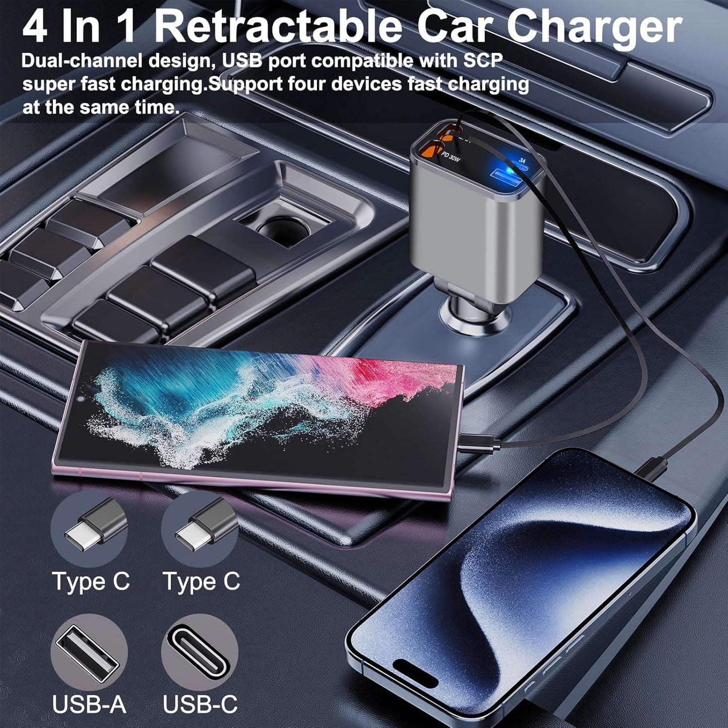 Retractable Car Charger, [Ultra-Compact] 4 in 1 Super Fast Small Car Charger with Dual Type-C Retractable Cables and 2 USB Ports Compatible with Samsung Galax Note 20 Ultra Note10 plus S25 S24