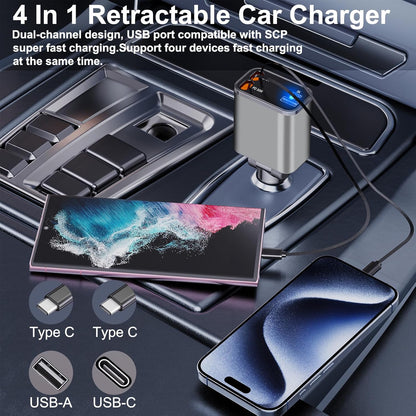 Retractable Car Charger, [Ultra-Compact] 4 in 1 Super Fast Small Car Charger with Dual Type-C Retractable Cables and 2 USB Ports Compatible with Samsung Galax Note 20 Ultra Note10 plus S25 S24