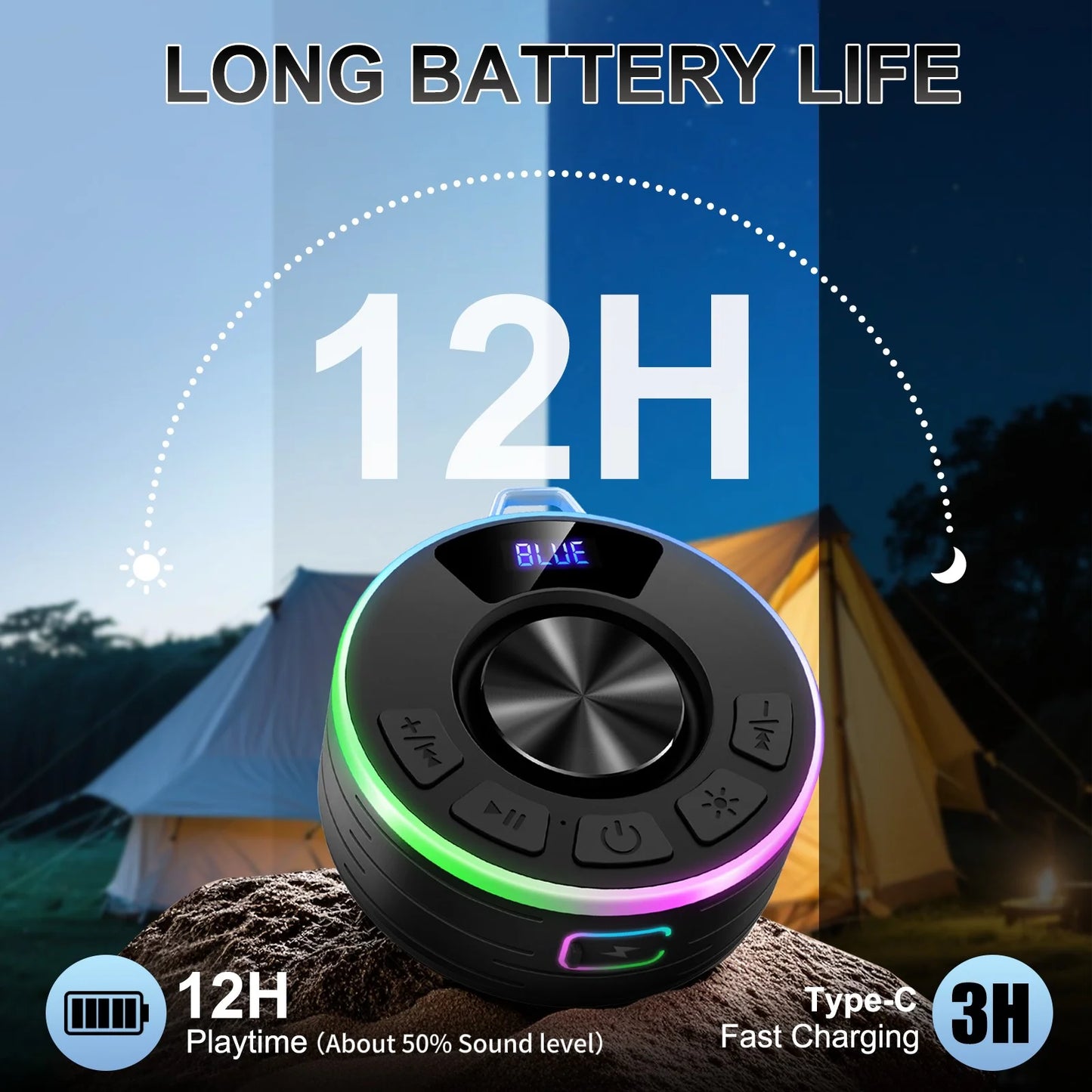 Bluetooth Speaker, Lpx7 Waterproof Shower Portable Speaker with LED Light, Bluetooth 5.4 HD Stereo Sound, Digital Display with Suction Cup, Wireless Speaker for Outdoor Party Beach Bathroom