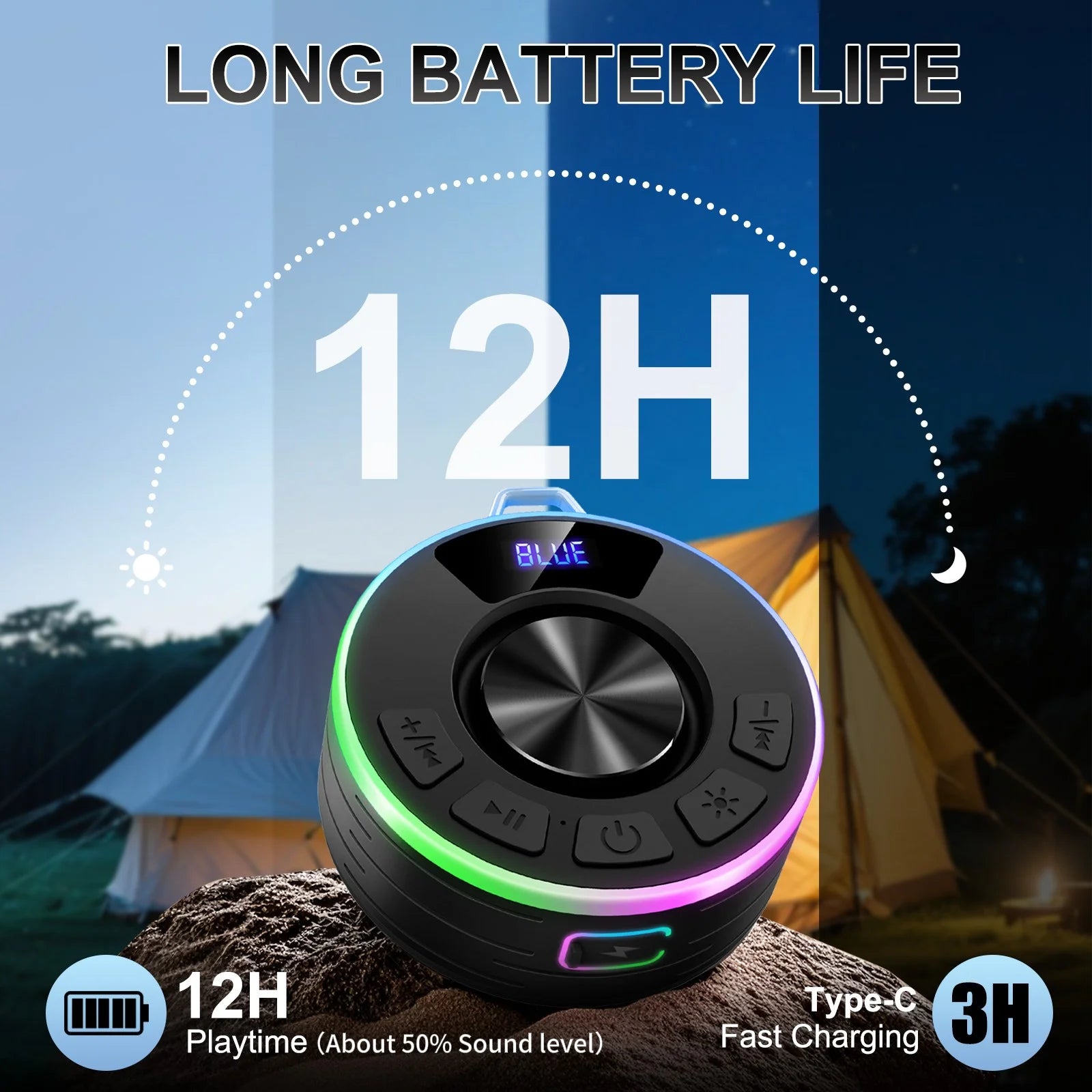 Bluetooth Speaker, Lpx7 Waterproof Shower Portable Speaker with LED Light, Bluetooth 5.4 HD Stereo Sound, Digital Display with Suction Cup, Wireless Speaker for Outdoor Party Beach Bathroom
