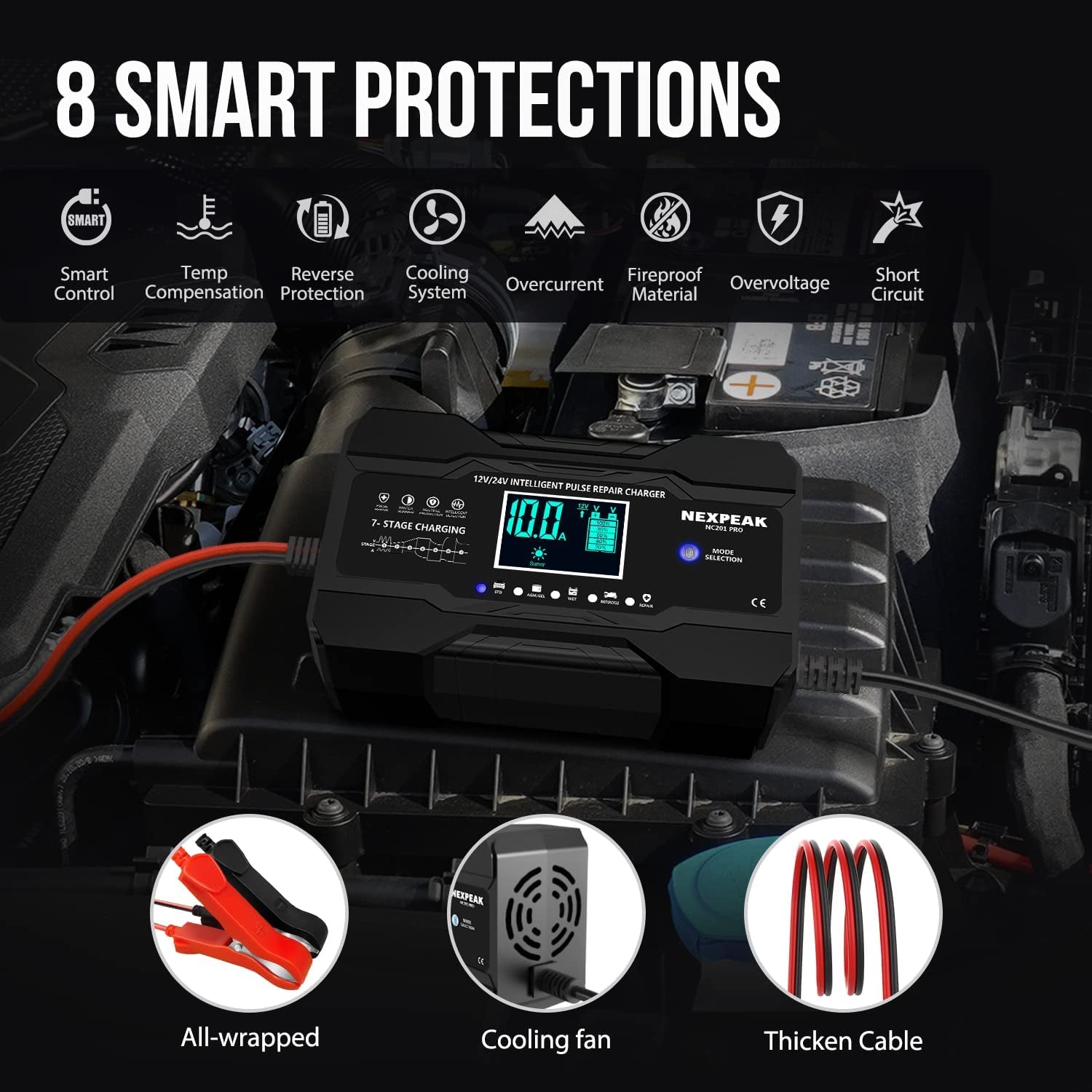 Cargador De Bateria Inteligente 12V 24V Para Carro Auto Automovil Botes Portatil