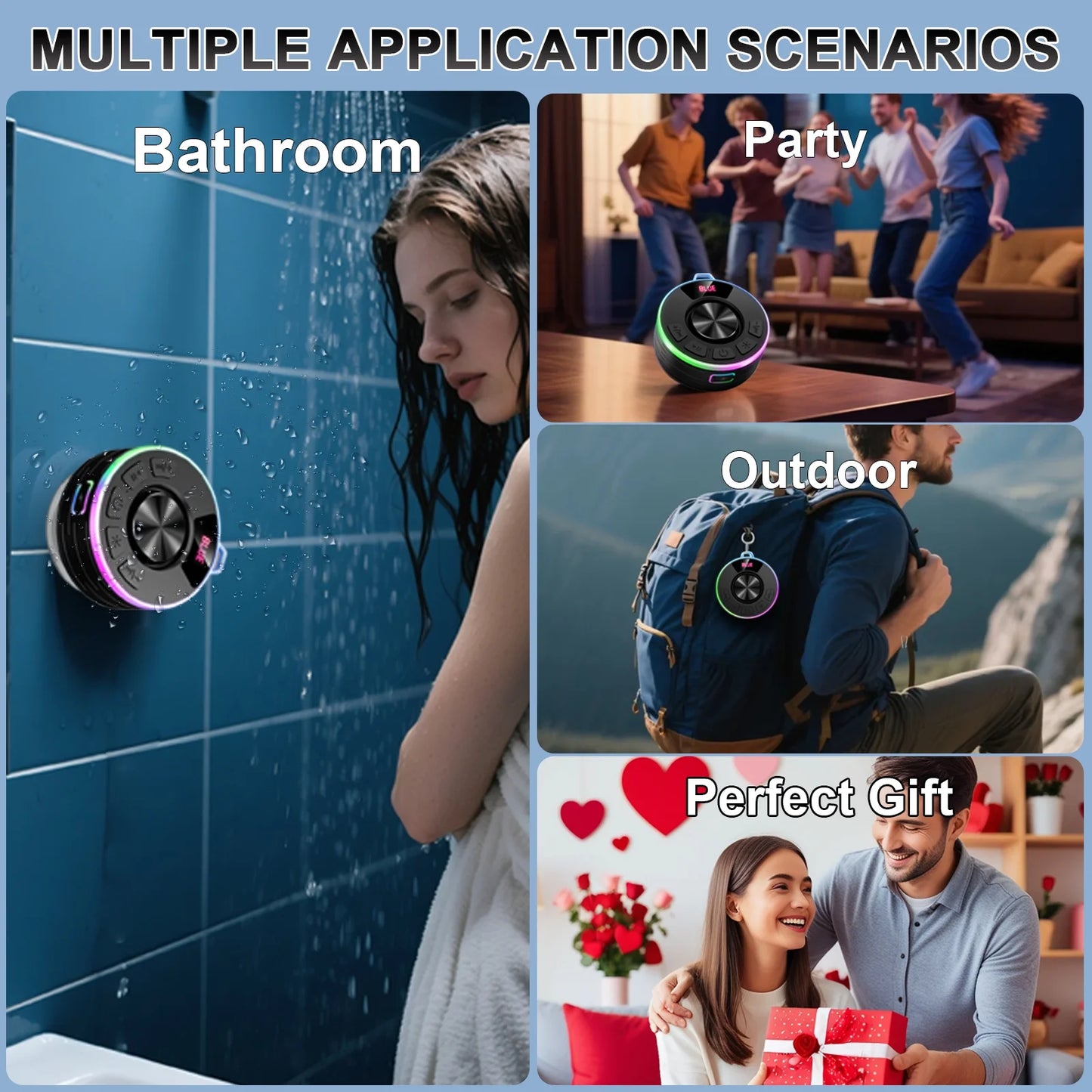 Bluetooth Speaker, Lpx7 Waterproof Shower Portable Speaker with LED Light, Bluetooth 5.4 HD Stereo Sound, Digital Display with Suction Cup, Wireless Speaker for Outdoor Party Beach Bathroom