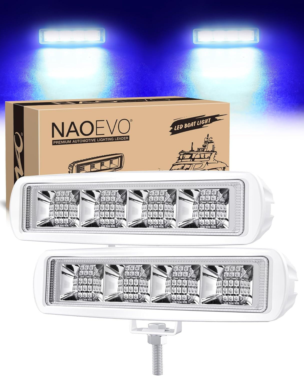 Led Boat Lights Waterproof, 6Inch 34W 4200LM Marine Led Light Bar, 150° Flood Beam Marine Lights for Boats Pontoon Deck Dock Truck ATV Jeep Tractor, 1 Year Warranty, 2 Pcs (Blue)