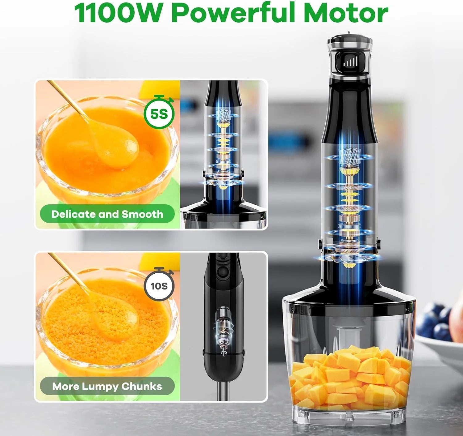 Immersion Blender Handheld Hand Blender 1100W, Trigger Variable Speed 5 in 1 Stick Blender, Emulsion Blender with Chopper, Whisk and Frother for Soup, Baby Food and Smoothies