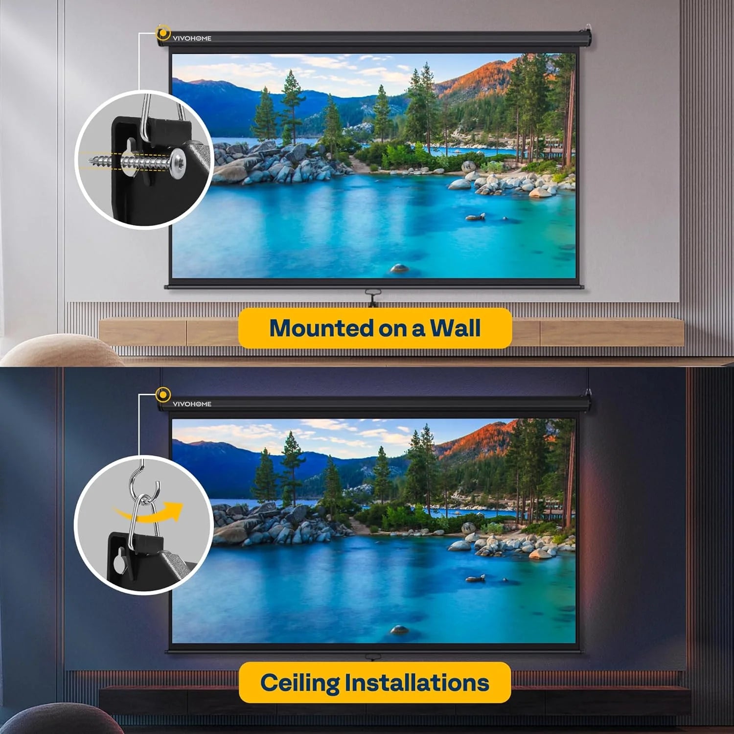 80 Inch Manual Pull down Projector Screen, 16:9 HD Retractable Projector Screens for Movie Home Theater Cinema Office Video Game, Black