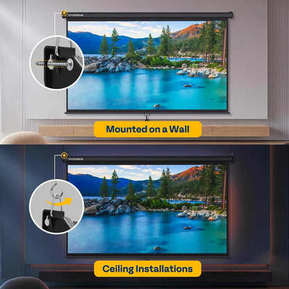 80 Inch Manual Pull down Projector Screen, 16:9 HD Retractable Projector Screens for Movie Home Theater Cinema Office Video Game, Black