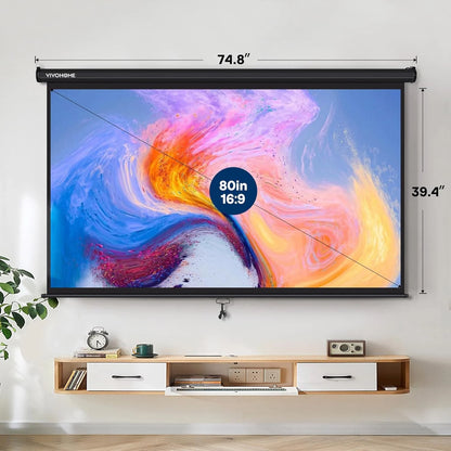 80 Inch Manual Pull down Projector Screen, 16:9 HD Retractable Projector Screens for Movie Home Theater Cinema Office Video Game, Black