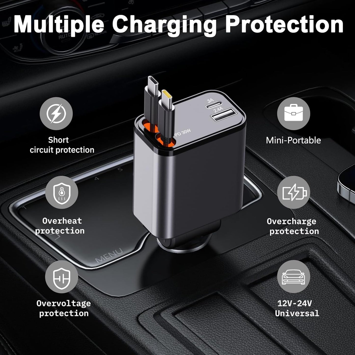 Retractable Car Charger, [Ultra-Compact] 4 in 1 Super Fast Small Car Charger with Dual Type-C Retractable Cables and 2 USB Ports Compatible with Samsung Galax Note 20 Ultra Note10 plus S25 S24