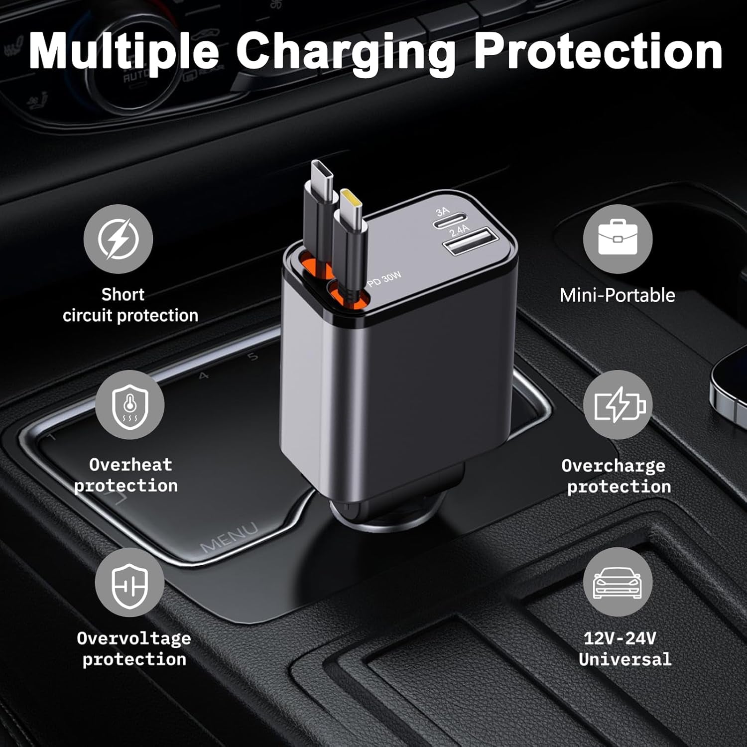 Retractable Car Charger, [Ultra-Compact] 4 in 1 Super Fast Small Car Charger with Dual Type-C Retractable Cables and 2 USB Ports Compatible with Samsung Galax Note 20 Ultra Note10 plus S25 S24