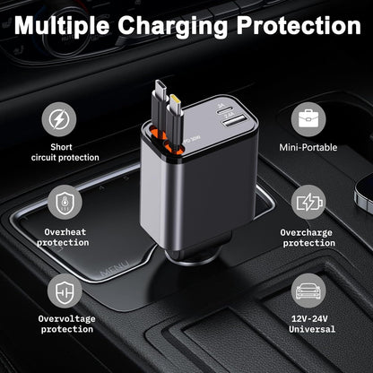 Retractable Car Charger, [Ultra-Compact] 4 in 1 Super Fast Small Car Charger with Dual Type-C Retractable Cables and 2 USB Ports Compatible with Samsung Galax Note 20 Ultra Note10 plus S25 S24