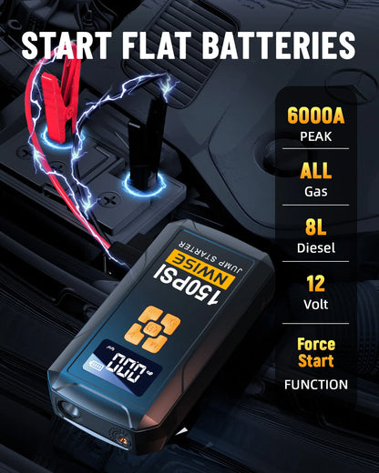 Car Jump Starter Air Pump 150PSI Air Compressor 6000A Jump Starter Power Bank Lighting Battery Starters Auto Tyre Inflator