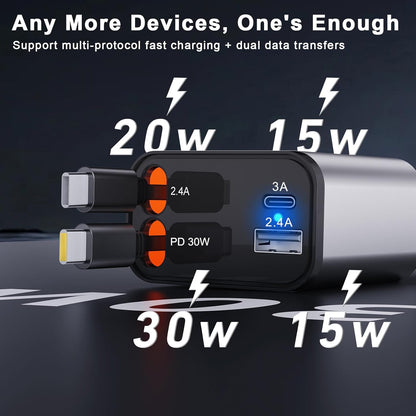 Retractable Car Charger, [Ultra-Compact] 4 in 1 Super Fast Small Car Charger with Dual Type-C Retractable Cables and 2 USB Ports Compatible with Samsung Galax Note 20 Ultra Note10 plus S25 S24