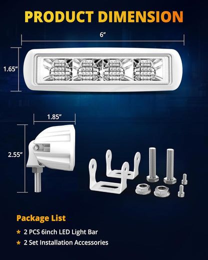 Led Boat Lights Waterproof, 6Inch 34W 4200LM Marine Led Light Bar, 150° Flood Beam Marine Lights for Boats Pontoon Deck Dock Truck ATV Jeep Tractor, 1 Year Warranty, 2 Pcs (Blue)