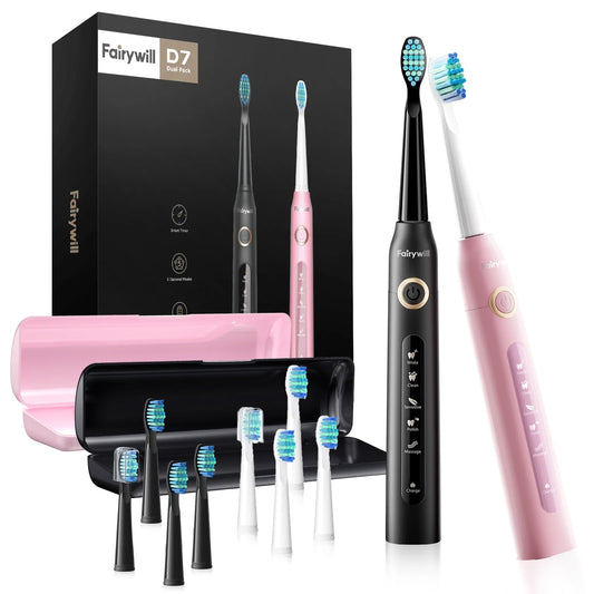 2Packs Electric Toothbrush for Adult,Sonic Toothbrushs Set with 2 Travel Case 5 Modes 8 Replaceable Heads 2 Minutes Smart Timer IPX7 Waterproof,Black & Pink