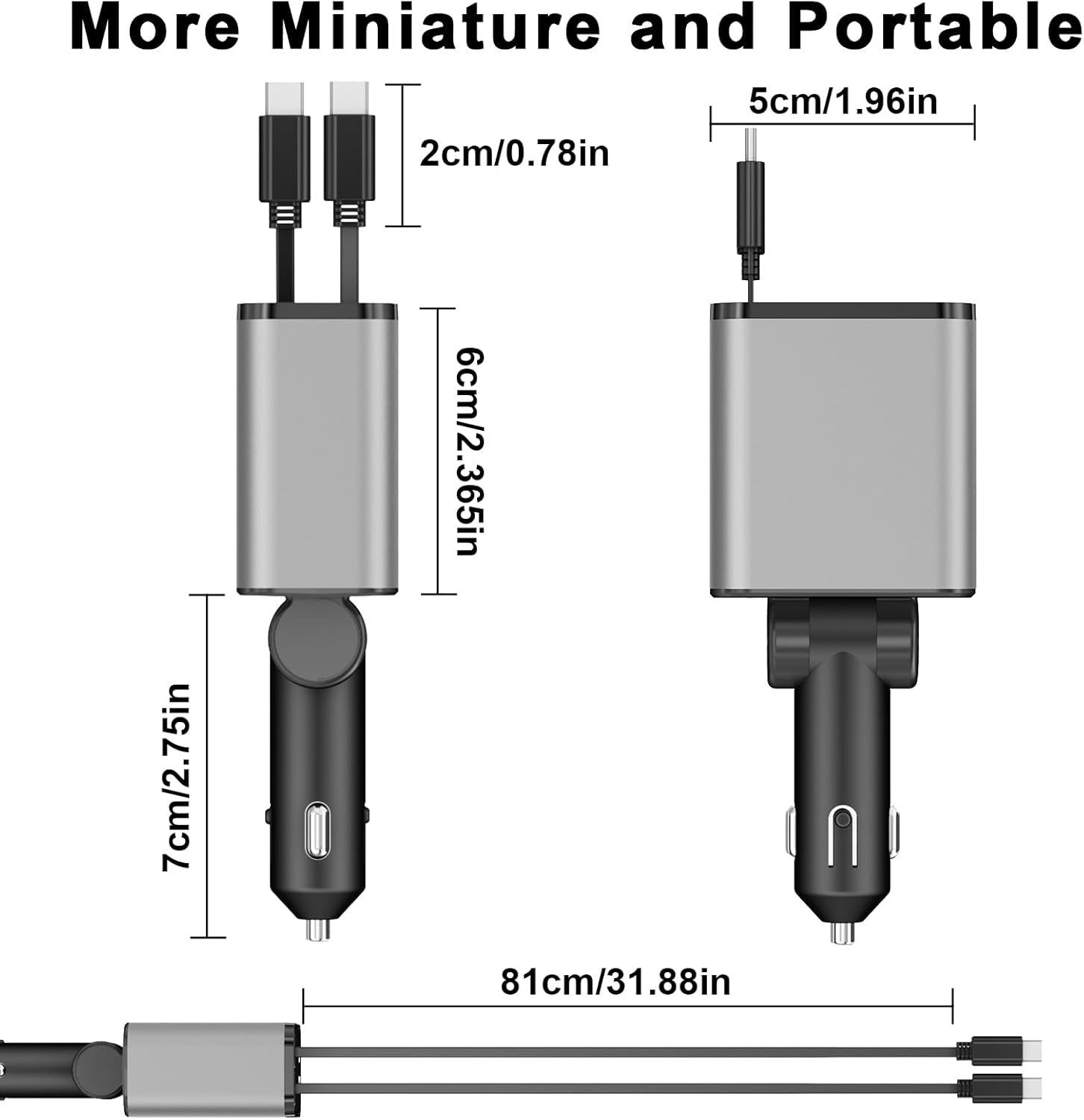 Retractable Car Charger, [Ultra-Compact] 4 in 1 Super Fast Small Car Charger with Dual Type-C Retractable Cables and 2 USB Ports Compatible with Samsung Galax Note 20 Ultra Note10 plus S25 S24