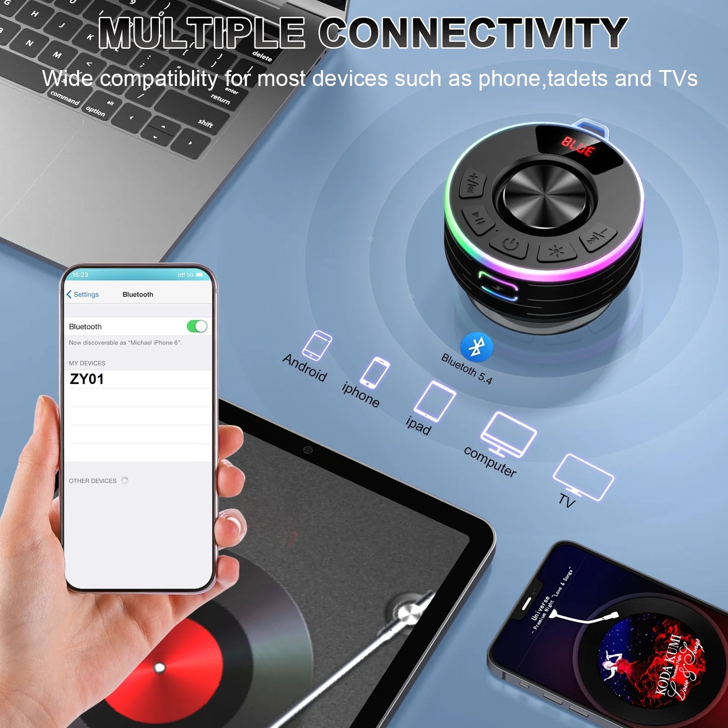 Bluetooth Speaker, Lpx7 Waterproof Shower Portable Speaker with LED Light, Bluetooth 5.4 HD Stereo Sound, Digital Display with Suction Cup, Wireless Speaker for Outdoor Party Beach Bathroom