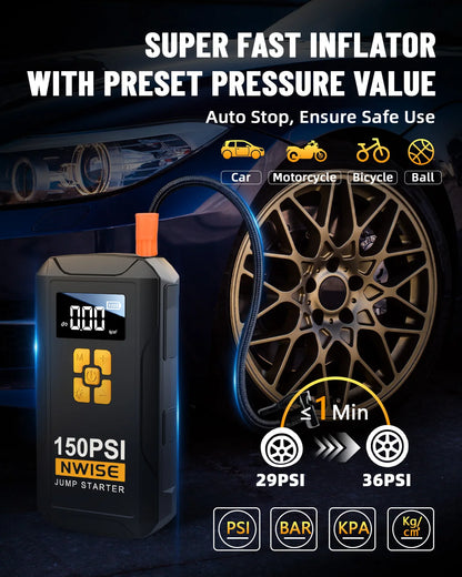 Car Jump Starter Air Pump 150PSI Air Compressor 6000A Jump Starter Power Bank Lighting Battery Starters Auto Tyre Inflator