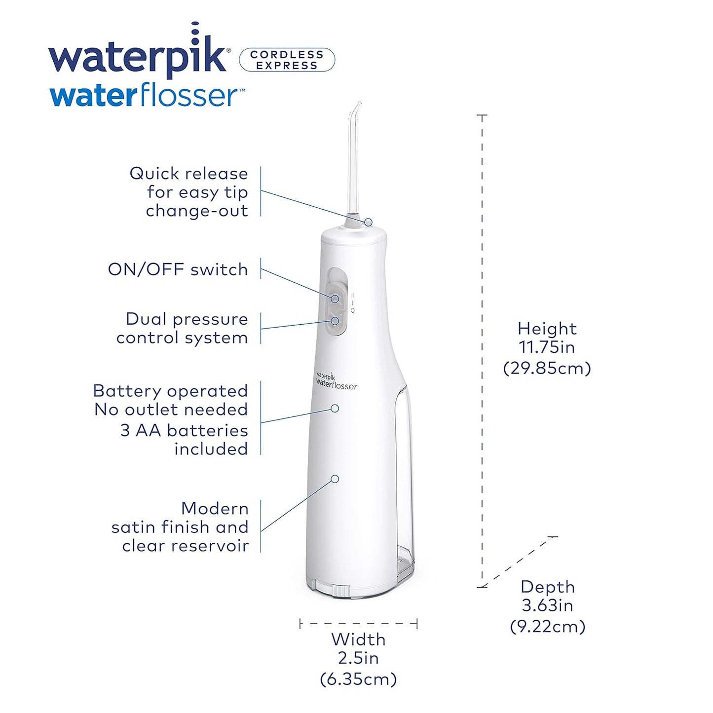 Cordless Express Water Flosser, Battery Operated & Portable for Travel & Home, ADA Accepted, Waterproof for Shower Use, White WF-02, Packaging May Vary