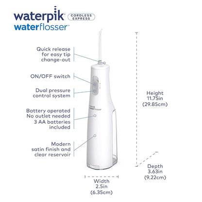 Cordless Express Water Flosser, Battery Operated & Portable for Travel & Home, ADA Accepted, Waterproof for Shower Use, White WF-02, Packaging May Vary