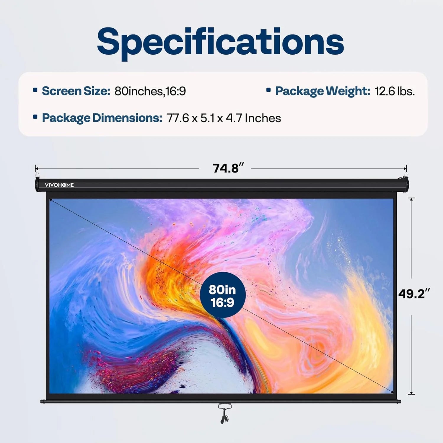 80 Inch Manual Pull down Projector Screen, 16:9 HD Retractable Projector Screens for Movie Home Theater Cinema Office Video Game, Black