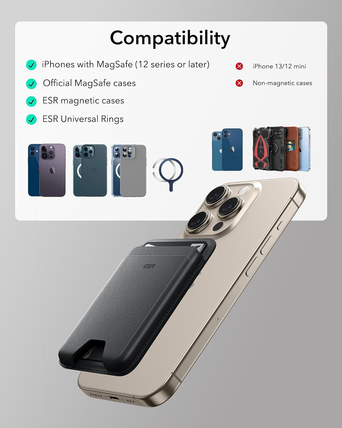 for Magsafe Wallet, 5-Card Holder, Magnetic Wallet for Iphone, RFID Blocking, with 3,200 G Magnetic Strength, Vegan Leather, Slim for Iphone 17/16/15/14/13/12 Series, Not for 13/12 Mini, Black