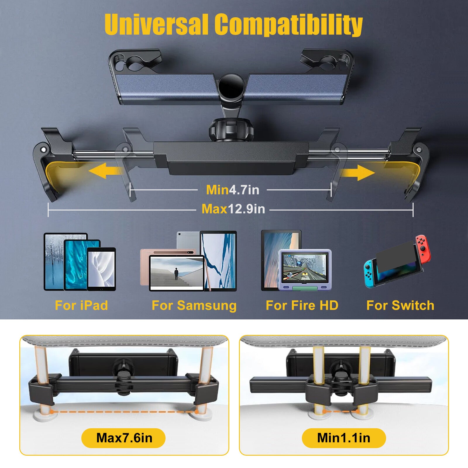 Car Back Seat Headrest Holder Mount 360° for Ipad Tablet Phone Samsung Universal