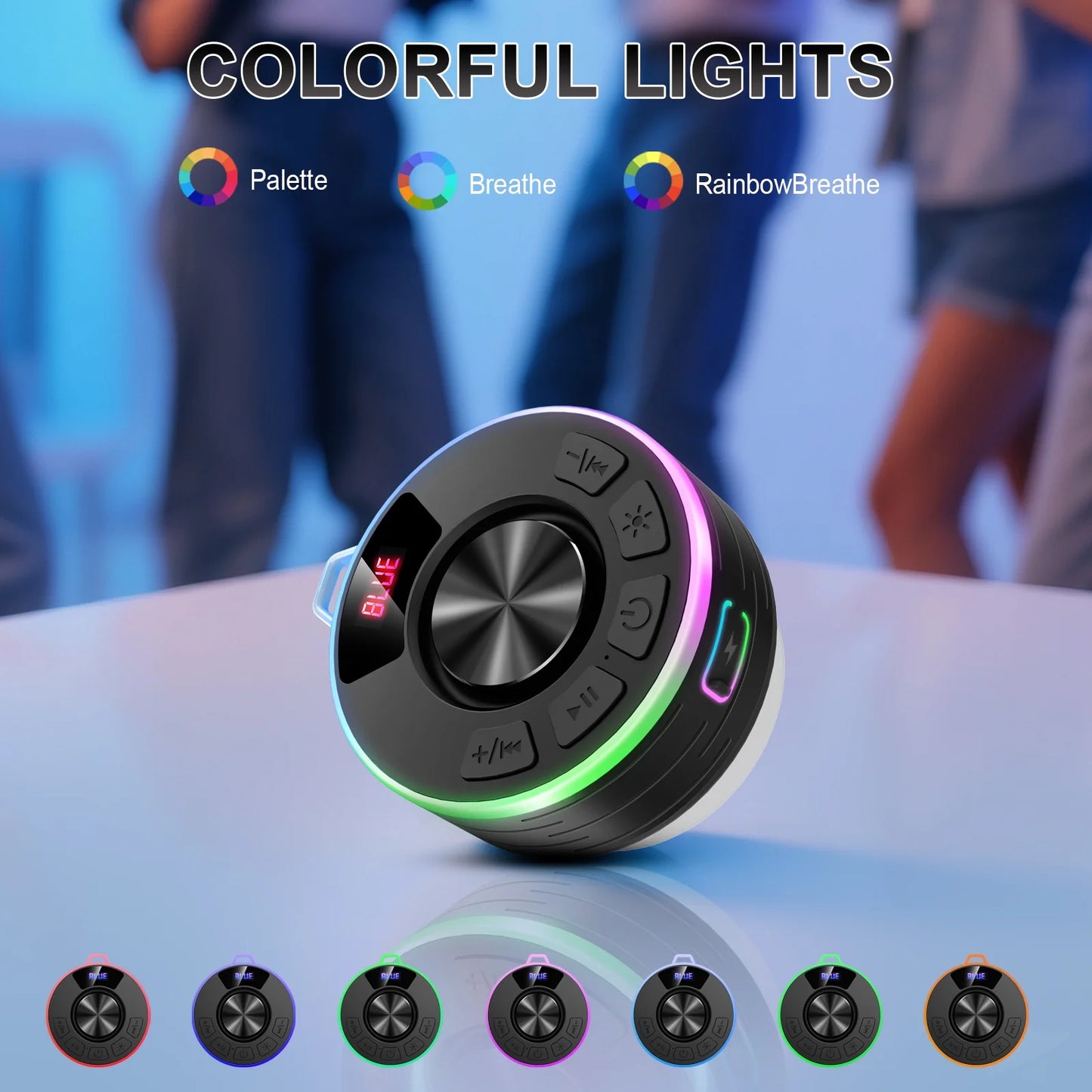 Bluetooth Speaker, Lpx7 Waterproof Shower Portable Speaker with LED Light, Bluetooth 5.4 HD Stereo Sound, Digital Display with Suction Cup, Wireless Speaker for Outdoor Party Beach Bathroom