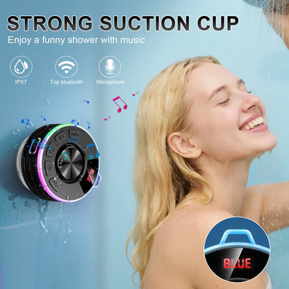 Bluetooth Speaker, Lpx7 Waterproof Shower Portable Speaker with LED Light, Bluetooth 5.4 HD Stereo Sound, Digital Display with Suction Cup, Wireless Speaker for Outdoor Party Beach Bathroom