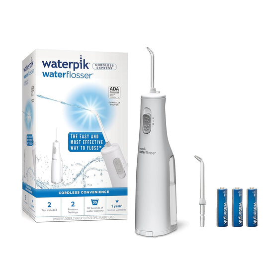 Cordless Express Water Flosser, Battery Operated & Portable for Travel & Home, ADA Accepted, Waterproof for Shower Use, White WF-02, Packaging May Vary