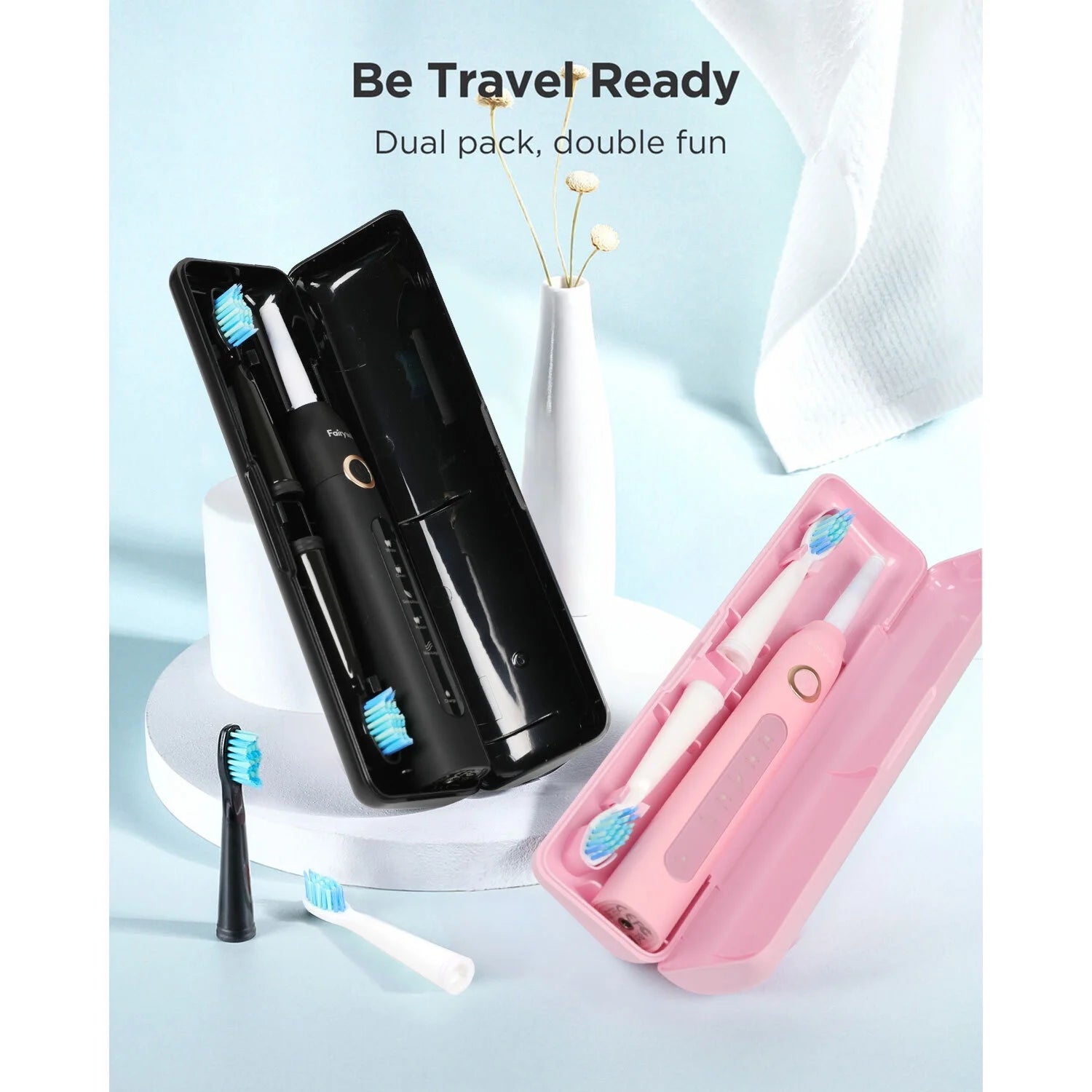 2Packs Electric Toothbrush for Adult,Sonic Toothbrushs Set with 2 Travel Case 5 Modes 8 Replaceable Heads 2 Minutes Smart Timer IPX7 Waterproof,Black & Pink