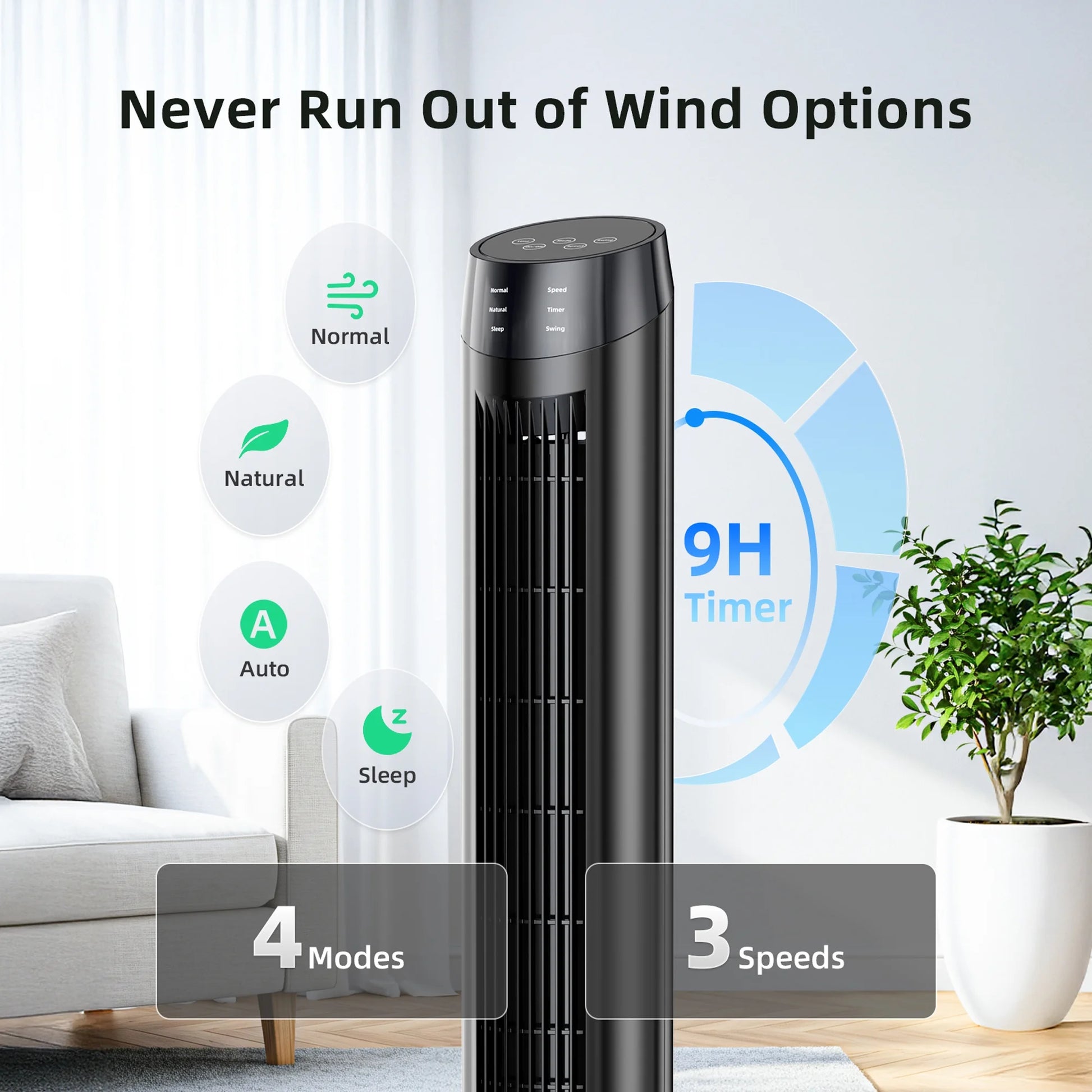 Tower Fan, 36" Oscillating Standing Floor Cooling Fans, 3 Speeds & Modes,9H Timer for Home Bedroom